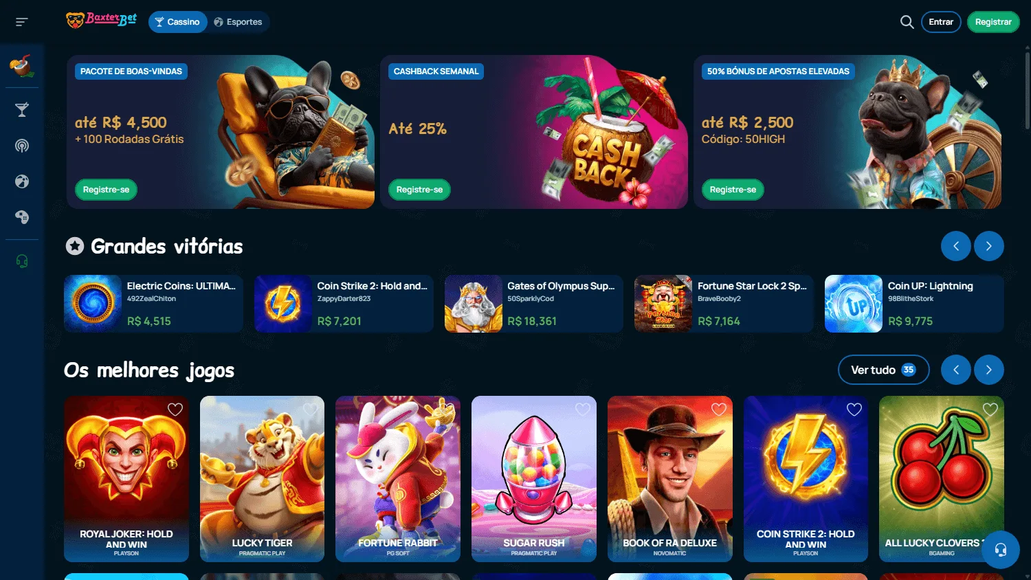 Baxterbet Casino desktop game library with pokies and live casino options