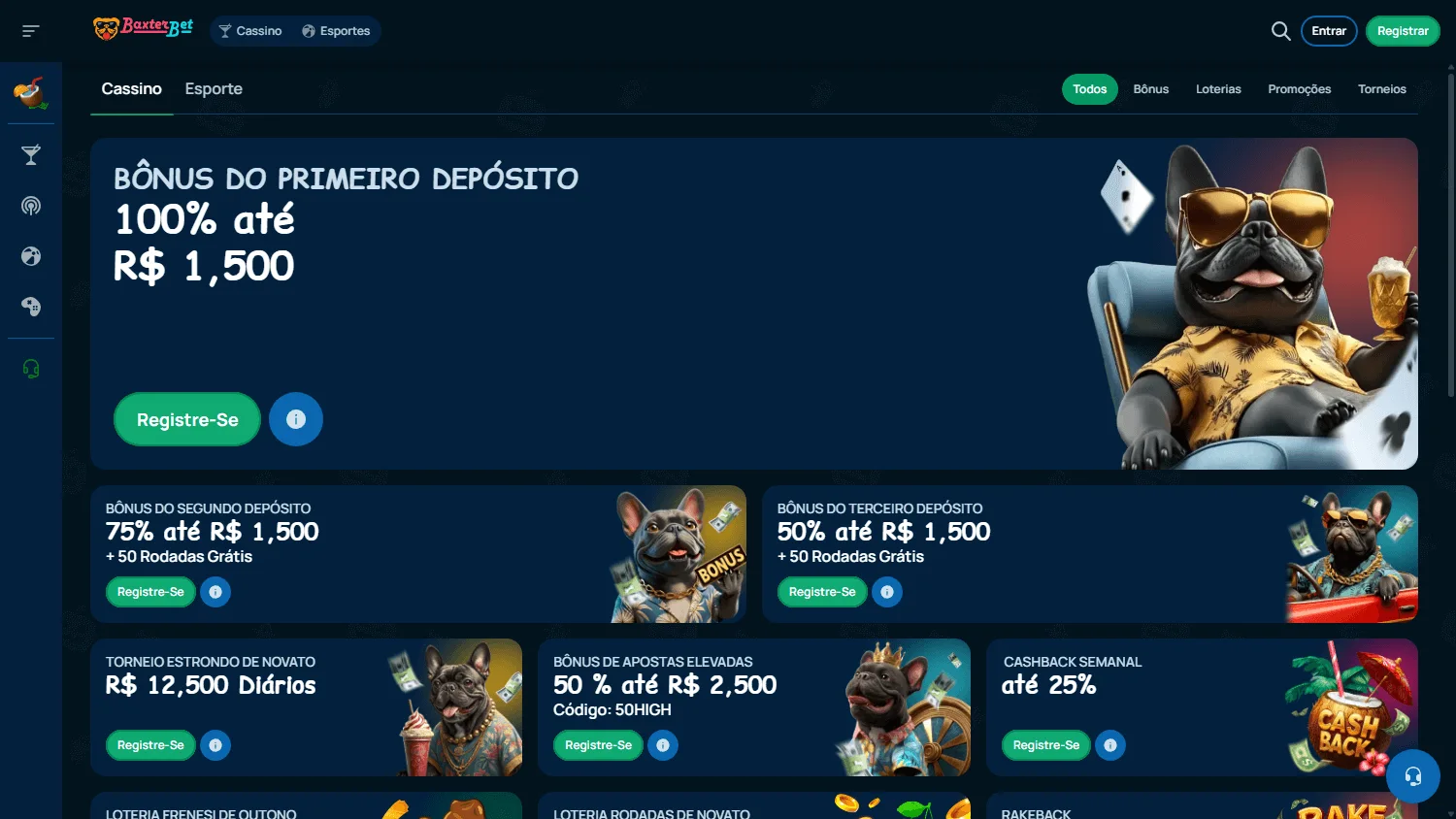 Baxterbet Casino desktop promotions area with welcome and reload offers